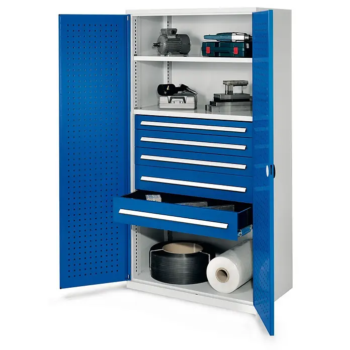 Kappes Metall-Mehrzweckschrank Schwerlastschränke ohne Mitteltrennwand 1950x1000x600mm Modell 44 Lochplat - 60 cm x 1.000 cm x 1,95 m, Enzianblau - Industrieller Metall-Werkstattschrank mit blauen Türen, mehreren Schubladen und Regalen zur Werkzeug- und Materiallagerung.