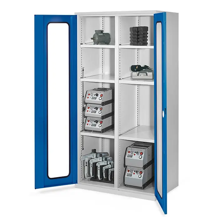 Kappes Metall-Mehrzweckschrank Schwerlastschränke mit Mitteltrennwand 1950x1000x600mm Sichtfenstertüren - 60 cm x 1.000 cm x 1,95 m, Enzianblau - Grauer Metallschrank mit offenen blauen Türen, der Regale voller Industriewerkzeuge, Geräte und Teile zeigt.