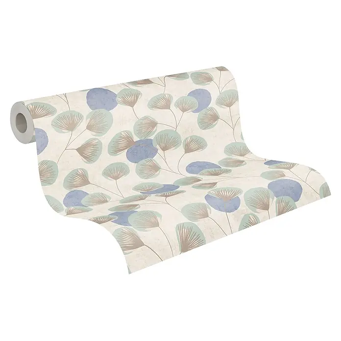 A.S. Création Nordic Feeling Vliestapete Blätter I - Grau-Grün, Floral, 10,05 x 0,53 m - Tapetenrolle mit cremefarbenem Hintergrund und abstraktem hellblauem und braunem Pflanzenmuster.