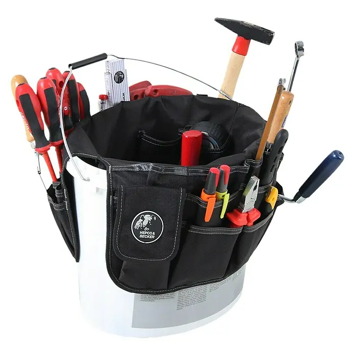 Hepco & Becker Werkzeugtasche Polytex 5860 Eimertasche - Nylon - Werkzeug-Eimer-Organizer mit verschiedenen Werkzeugen, inklusive Hammer, Schraubenzieher, Zange und mehr für Ordnung.