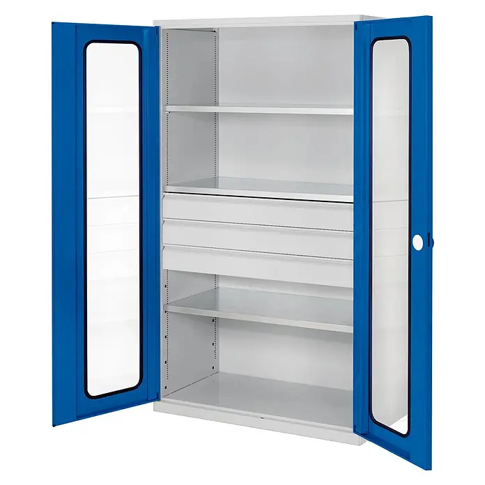 Kappes ®RasterPlan Großvolumenschränke 1950x1130x590mm Sichtfenstertüren Modell 4 enzianblau -  - Offener weißer Metallschrank mit blau gerahmten Glastüren, verstellbaren Regalböden und Schubladen.