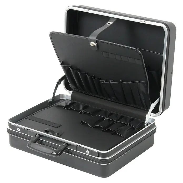 Hepco & Becker Werkzeugkoffer Classic 5182 - L x B: 430 x 510 mm, Höhe: 220 mm, ABS Pro - Offener, schwarzer Werkzeugkoffer mit silbernen Beschlägen, der zahlreiche Fächer und Halterungen zur Aufbewahrung von Werkzeugen bietet.