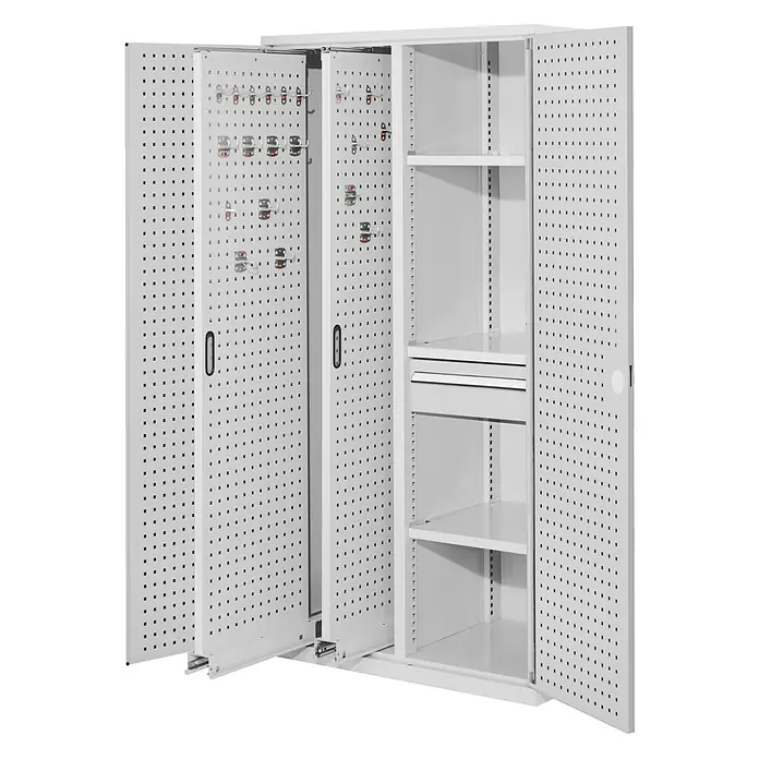 Kappes Metall-Mehrzweckschrank ®RasterPlan Vertikalschränke 1950x1000x600mm Modell 82 Lochplattentüren - 60 cm x 1.000 cm x 1,95 m, Lichtgrau - Weißer Metall-Werkzeugschrank mit doppelten Lochplattentüren, ausziehbaren Innenpaneelen mit Haken, Regalen und einer Schublade.