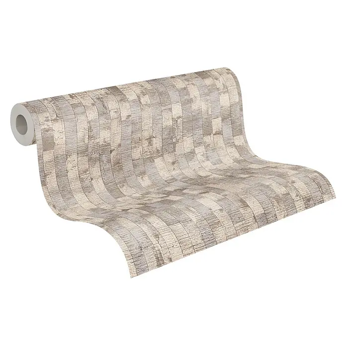 A.S. Création Metropolitan Stories Vibes & Styles Vliestapete Struktur I - Beige-Creme, Grafisch, 10,05 x 0,53 m - Tapetenrolle mit Used-Look-Muster aus hellbeigen und grauen Holzplanken, abrollend.