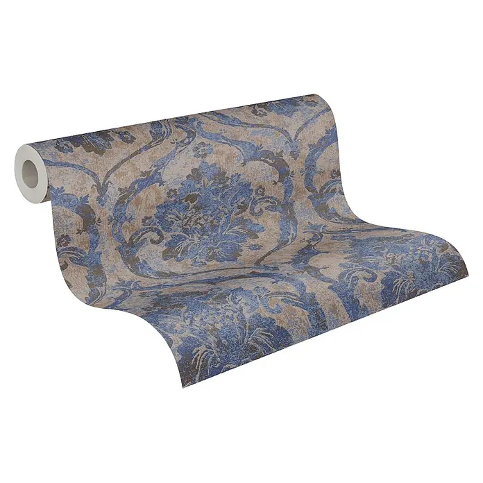 A.S. Création Metropolitan Stories Vibes & Styles Vliestapete Barock - Blau-Braun, Ornament, 10,05 x 0,53 m - Rolle strukturierter Tapete mit blau-braunem Damastmuster.