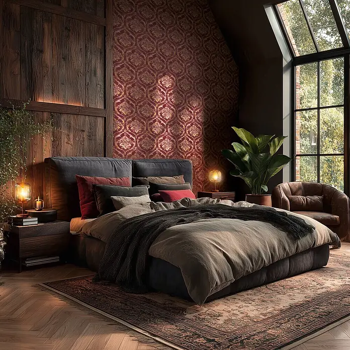 A.S. Création Metropolitan Stories Vibes & Styles Vliestapete Barock - Rot, Ornament, 10,05 x 0,53 m - Ein großes, gemütliches Bett mit dunklem Rahmen und heller Bettwäsche in einem stimmungsvollen Schlafzimmer mit Holzwänden und roten Tapeten.