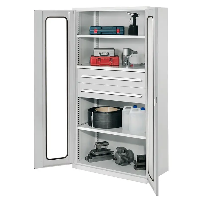 Kappes Metall-Mehrzweckschrank Schwerlastschränke ohne Mitteltrennwand 1950x1000x600mm Modell 42 Sichtfen - 60 cm x 1.000 cm x 1,95 m, Lichtgrau - Grauer Metall-Werkstattschrank mit offenen Türen, Regalen und Schubladen, gefüllt mit Werkzeugen und Industrieartikeln.
