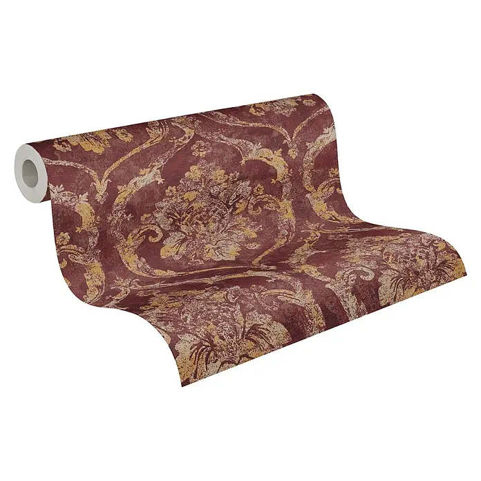 A.S. Création Metropolitan Stories Vibes & Styles Vliestapete Barock - Rot, Ornament, 10,05 x 0,53 m - Rolle strukturierter, weinroter Tapete mit opulentem goldenem Damastmuster.