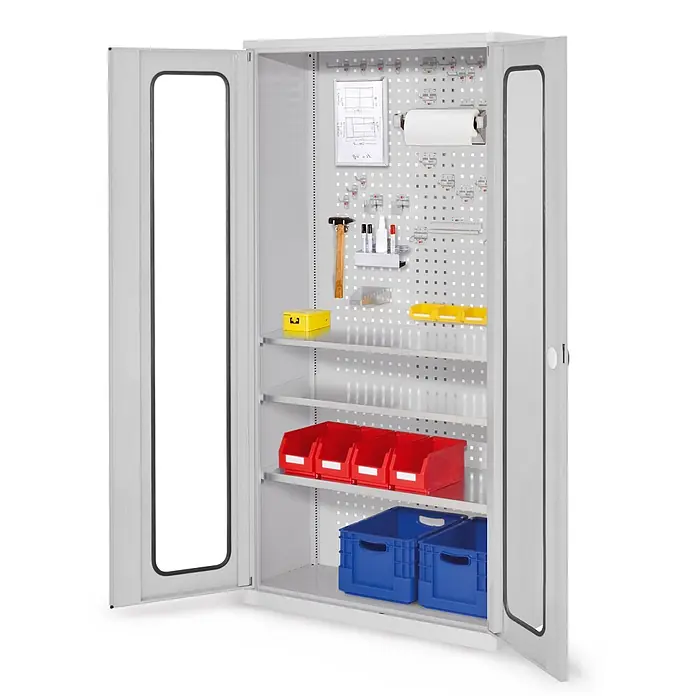 Kappes Metall-Mehrzweckschrank ®RasterPlan Werkzeugschrank 1950x1000m Modell 6 Tiefe 410mm Sichtfenstert� - Lichtgrau - Grauer Metall-Werkstattschrank mit offenen Türen, Regalböden, Lochwand, Lagerbehältern, Werkzeugen und Papierhandtuchhalter.