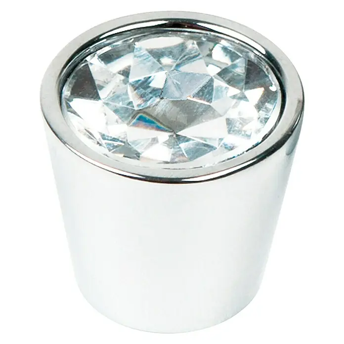 Nesu Pomo para muebles 567CR - Ø x Al: 20 x 18 mm, Vidrio, Cromado - Primer plano de un pomo de mueble cromado brillante con una incrustación de cristal artificial facetado brillante.