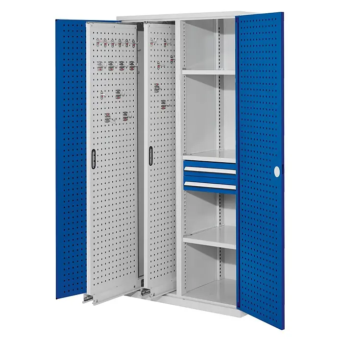Kappes Metall-Mehrzweckschrank ®RasterPlan Vertikalschränke 1950x1000x600mm Modell 81 Lochplattentüren - 60 cm x 1.000 cm x 1,95 m, Enzianblau - Offener Metall-Werkstattschrank mit blauen Lochblechtüren, verschiebbaren Lochplatten, Regalen und blauen Schubladen.