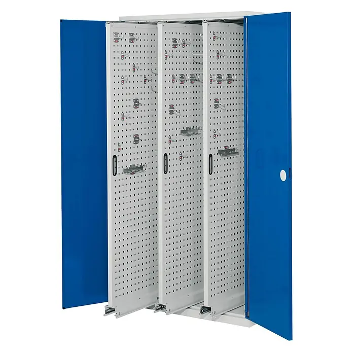 Kappes Metall-Mehrzweckschrank ®RasterPlan Vertikalschränke 1950x1000x600mm Modell 85 Doppelwandtüren e - 60 cm x 1.000 cm x 1,95 m, Enzianblau - Blauer und weißer Metall-Werkstattschrank mit drei ausziehbaren Lochwänden zur Werkzeugaufbewahrung.