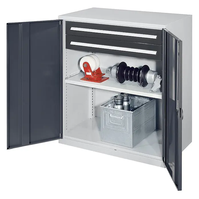 Kappes Metall-Mehrzweckschrank Schwerlast-Beistellschränke ohne Mitteltrennwand 1110x1000x600mm Modell 61 - 60 cm x 1.000 cm x 1,11 m, Anthrazitgrau - Zweifarbiger grauer Metallschrank mit geöffneten Türen, der zwei interne Schubladen, ein Regal und Industriekomponenten zeigt.