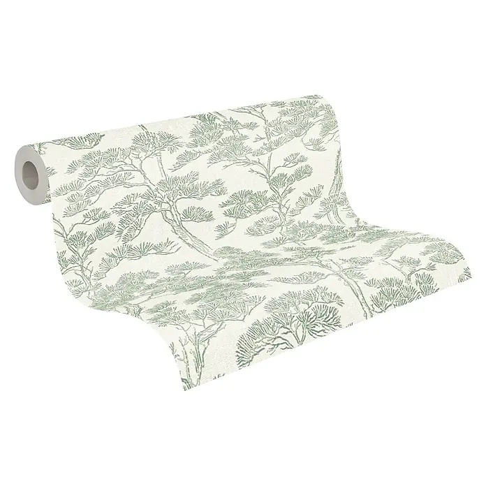 A.S. Création Metropolitan Stories Vibes & Styles Vliestapete Zen - Grün-Weiß, Floral, 10,05 x 0,53 m - Abgerollte Tapete mit heller, texturierter Oberfläche und grünem Kiefernbaum-Muster.