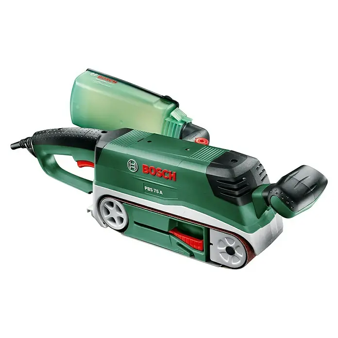 Bosch Elektro-Bandschleifmaschine PBS 75 A - 710 W, Bandgeschwindigkeit: 300 m/min - Bosch PBS 75 A Bandschleifer in Grün und Schwarz, ideal für Holzbearbeitung und Heimwerkerprojekte. Leistungstark und präzise.