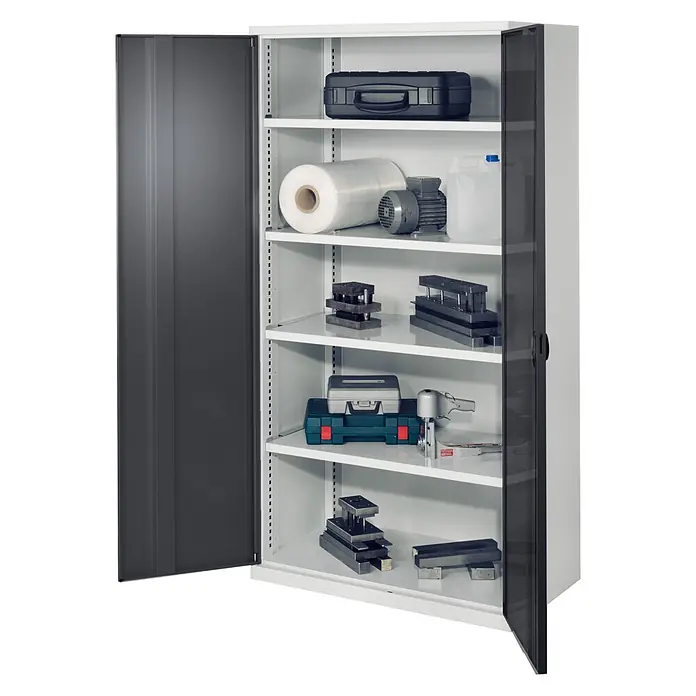 Kappes Metall-Mehrzweckschrank Schwerlastschränke ohne Mitteltrennwand 1950x1000x600mm Modell 41 Vollblec - 60 cm x 1.000 cm x 1,95 m, Anthrazitgrau - Weißer Metallschrank mit geöffneten dunkelgrauen Türen, der Regale voller Werkzeuge, einer Stretchfolienrolle und Behälter zeigt.