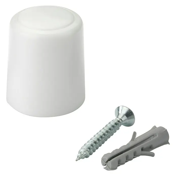 Inofix Tope de puerta 3040 - Plástico, Blanco - Un tope de puerta de plástico blanco que incluye un tornillo y un taco. Ideal para proteger las paredes de los pomos.