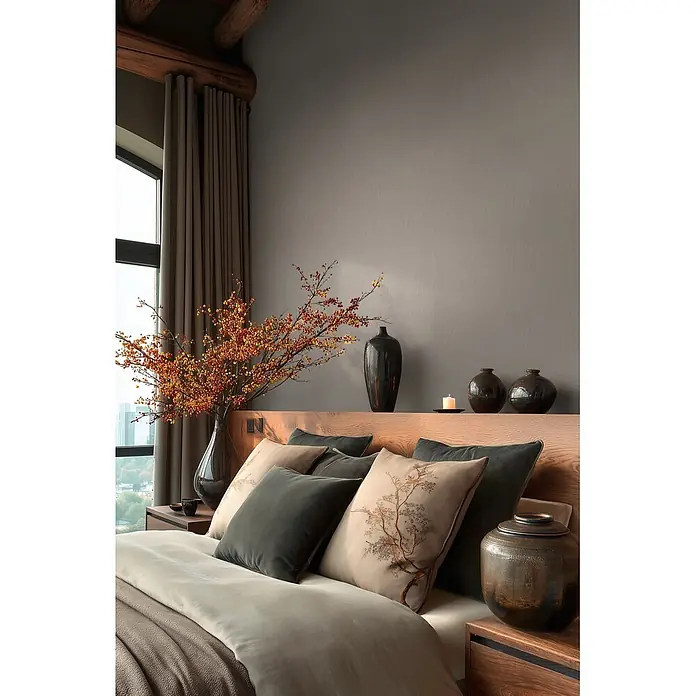 A.S. Création Metropolitan Stories Vibes & Styles Vliestapete Uni III - Grau-Beige, Uni, 10,05 x 0,53 m - Elegantes Schlafzimmer mit heller Bettwäsche, verschiedenen Kissen, einem hölzernen Kopfteilregal mit Vasen, Herbstzweigen und einer Kerze.