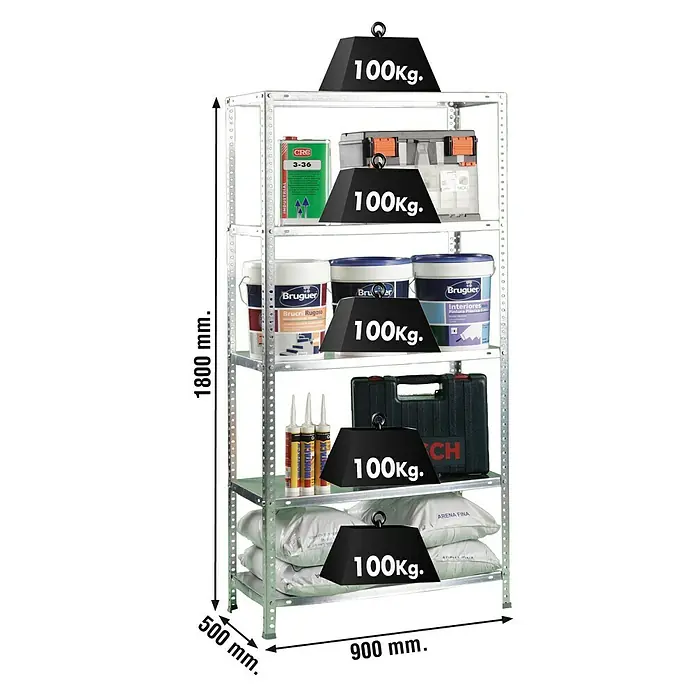 Simonrack Simonclassic Metallregal Comfort - H x B x T: 180 x 90 x 50 cm, Traglast pro Boden: 100 kg, Anzahl Böden: 5 Stk., Schrauben, Silber - Abbildung eines beladenen, silberfarbenen Metallregals mit den Maßen 1800 mm Höhe, 900 mm Breite und 500 mm Tiefe, wobei jede Ebene mit 100 kg belastet ist.