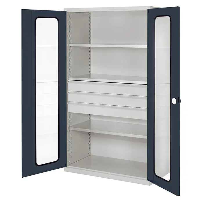 Kappes Metall-Mehrzweckschrank ®RasterPlan Großvolumenschränke 1950x1130x590mm Sichtfenstertüren Model - 59 cm x 1.130 cm x 1,95 m, Anthrazitgrau - Hellgrauer Metallschrank mit zwei dunkelblau gerahmten Glastüren, verstellbaren Regalen und zwei internen Schubladen.