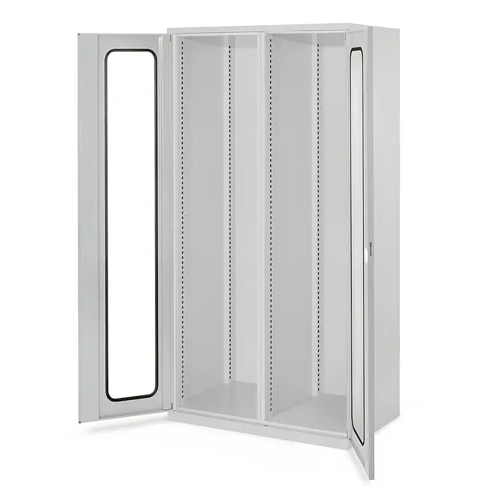 Kappes Metall-Mehrzweckschrank Schwerlastschränke mit Mitteltrennwand 1950x1000x600mm Sichtfenstertüren - 60 cm x 1.000 cm x 1,95 m, Lichtgrau - Heller grauer Metallschrank mit zwei geöffneten Türen und drei Innenfächern mit verstellbaren Regalbodenhalterungen.