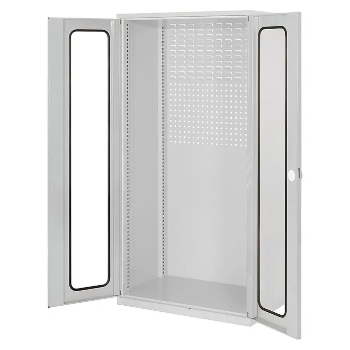 Kappes Metall-Mehrzweckschrank ®RasterPlan Schubladenschränke 1950x1000x600mm Sichtfenstertüren Modell - 60 cm x 1.000 cm x 1,95 m, Lichtgrau - Weißer Metallschrank mit zwei offenen Türen, perforierter Rückwand und verstellbaren Regalhalterungen.