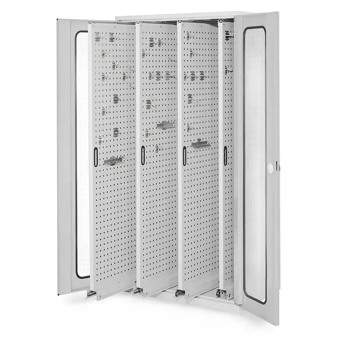 Kappes Metall-Mehrzweckschrank ®RasterPlan Vertikalschränke 1950x1000x600mm Modell 83 Sichtfenstertüren - Lichtgrau - Grauer Metallschrank mit ausziehbaren Lochplatten und Haken zur organisierten Werkzeugaufbewahrung.