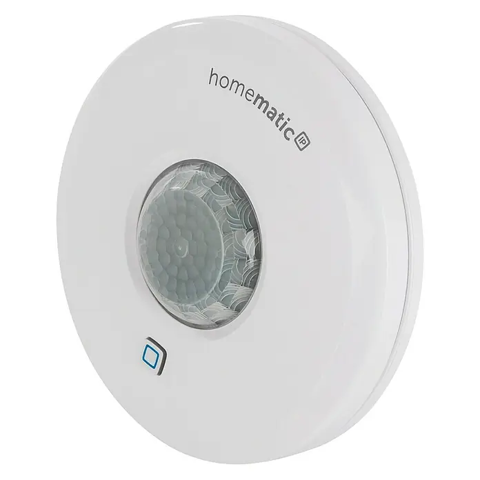 Homematic IP Bewegungsmelder HmIP-SPI - Batteriebetrieben, Ø x H: 10 x 2,9 cm, Bewegungssensorik, 105 ° - Bild eines Homematic IP Bewegungsmelders für den Innenbereich, weiß und rund.