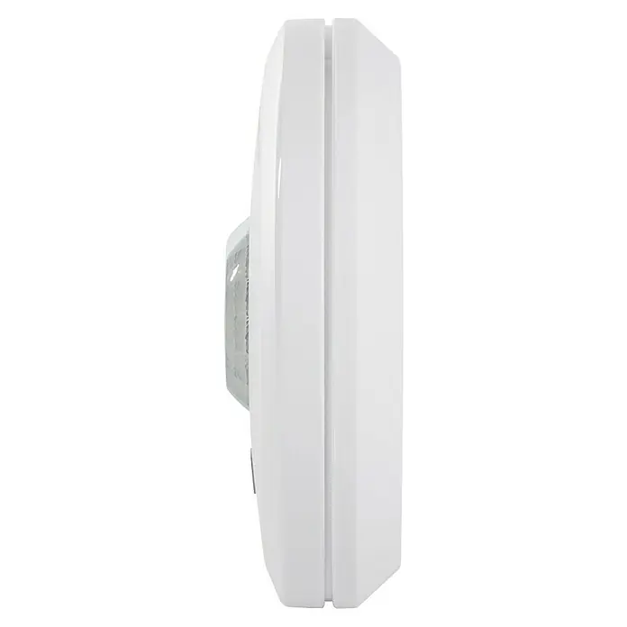 Homematic IP Bewegungsmelder HmIP-SPI - Batteriebetrieben, Ø x H: 10 x 2,9 cm, Bewegungssensorik, 105 ° - Seitenansicht eines weißen, runden Bewegungsmelders zur Deckenmontage, ideal für Innenräume zur automatischen Lichtsteuerung.