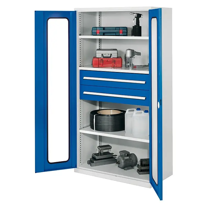 Kappes Metall-Mehrzweckschrank Schwerlastschränke ohne Mitteltrennwand 1950x1000x600mm Modell 42 Sichtfen - Enzianblau - Blau-weißer Metallschrank mit offenen Türen, verstellbaren Regalböden und blauen Schubladen, gefüllt mit Werkzeugen und Zubehör.