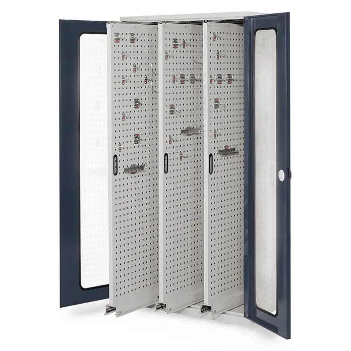 Kappes ®RasterPlan Vertikalschränke 1950x1000x600mm Modell 85 Sichtfenstertüren anthrazitgrau -  - Metallschrank mit dunkelblauen Türen, drei ausziehbaren hellgrauen Lochplatten und Haken zur Werkzeug- oder Schlüsselaufbewahrung.