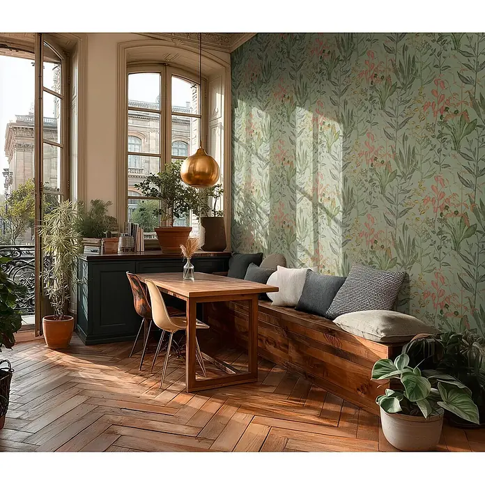 A.S. Création Metropolitan Stories Vibes & Styles Vliestapete Gräser - Grün-Grau, Floral, 10,05 x 0,53 m - Hellgrüne botanische Tapete mit grünen, rosa und gelben Blättern und Blüten, die eine Esszimmerwand ziert.