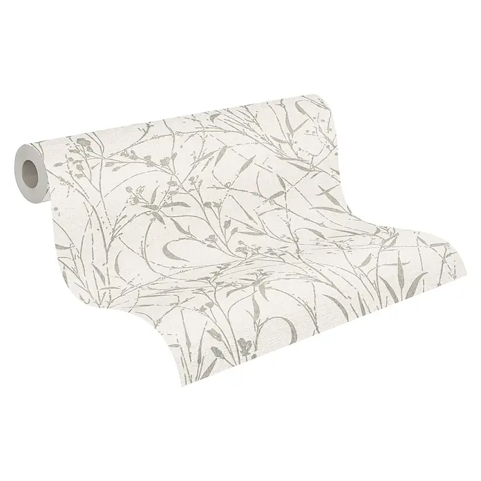 A.S. Création Metropolitan Stories Vibes & Styles Vliestapete Gräser I - Creme-Grün, Floral, 10,05 x 0,53 m - Helle Tapetenrolle, teilweise abgerollt, mit einem gedämpften grünen Pflanzenmuster.