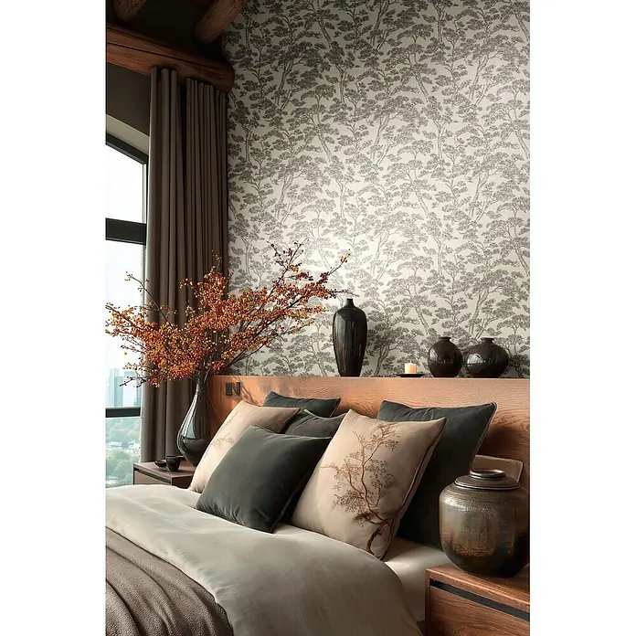 A.S. Création Metropolitan Stories Vibes & Styles Vliestapete Zen - Weiß-Schwarz, Floral, 10,05 x 0,53 m - Helle Schlafzimmer-Tapete mit detailliertem grauem Baummuster, die eine ruhige und von der Natur inspirierte Atmosphäre schafft.