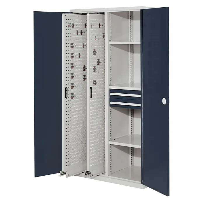Kappes Metall-Mehrzweckschrank ®RasterPlan Vertikalschränke 1950x1000x600mm Modell 81 Doppelwandtüren a - 60 cm x 1.000 cm x 1,95 m, Anthrazitgrau - Offener dunkelblauer und weißer Metall-Werkstattschrank mit Regalböden, ausziehbaren Lochwänden und Schubladen.