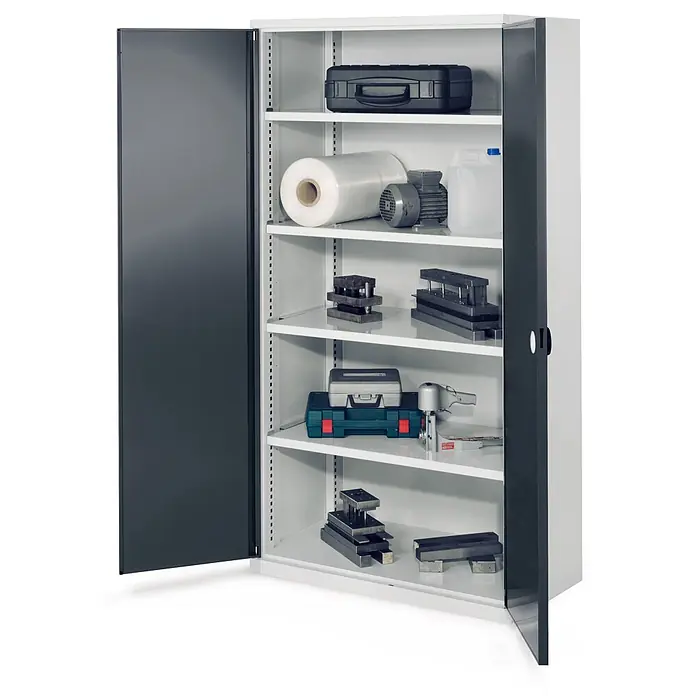 Kappes Metall-Mehrzweckschrank Schwerlastschränke ohne Mitteltrennwand 1950x1000x600mm Modell 41 Doppelwa - 60 cm x 1.000 cm x 1,95 m, Anthrazitgrau - Grauer Metallschrank mit offenen Türen, zeigt weiße Regale gefüllt mit Werkzeugen und Zubehör.