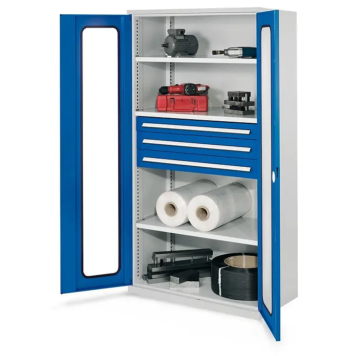 Kappes Metall-Mehrzweckschrank Schwerlastschränke ohne Mitteltrennwand 1950x1000x600mm Modell 43 Sichtfen - Enzianblau - Grauer Metall-Werkstattschrank mit blauen Türen und Schubladen, gefüllt mit Werkzeugen und Materialien.