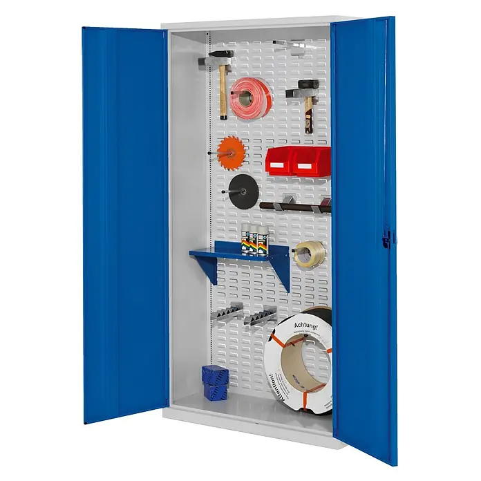 Kappes Metall-Mehrzweckschrank ®RasterPlan Werkstückschränke 1950x1000x410mm mit Vollblechtüren enzian - Enzianblau - Blauer und weißer Werkzeugschrank aus Metall, geöffnet, zeigt organisiertes Werkzeug und Zubehör an der Lochwand.