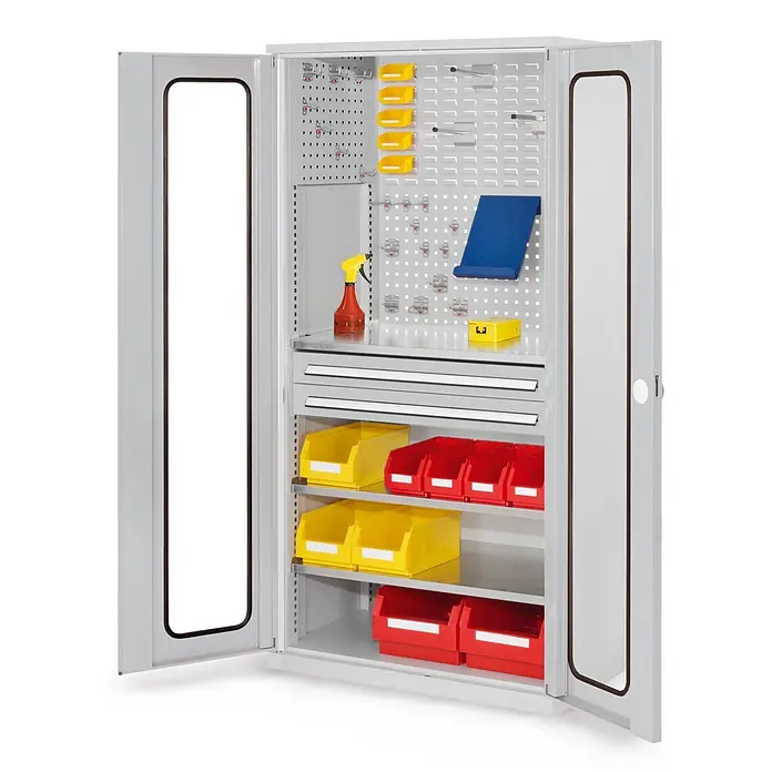 Kappes Metall-Mehrzweckschrank ®RasterPlan Schubladenschränke 1950x1000x600mm Sichtfenstertüren Modell - 60 cm x 1.000 cm x 1,95 m, Lichtgrau - Offener grauer Metallschrank mit Regalen, Schubladen und Behältern zur organisierten Aufbewahrung.