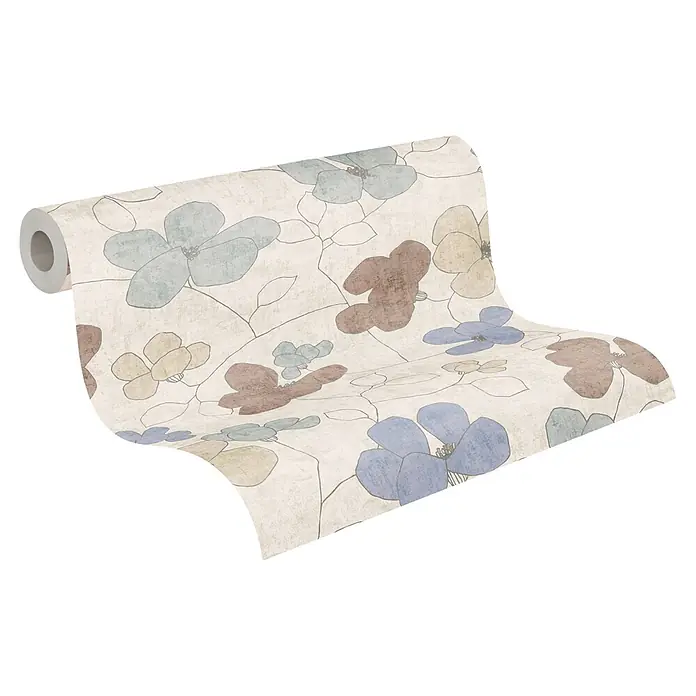 A.S. Création Nordic Feeling Vliestapete Floral - Grau-Braun, Floral, 10,05 x 0,53 m - Blumenmuster-Tapetenrolle mit abstrakten Blüten in Pastellblau, Braun und Beige, teilweise abgerollt.