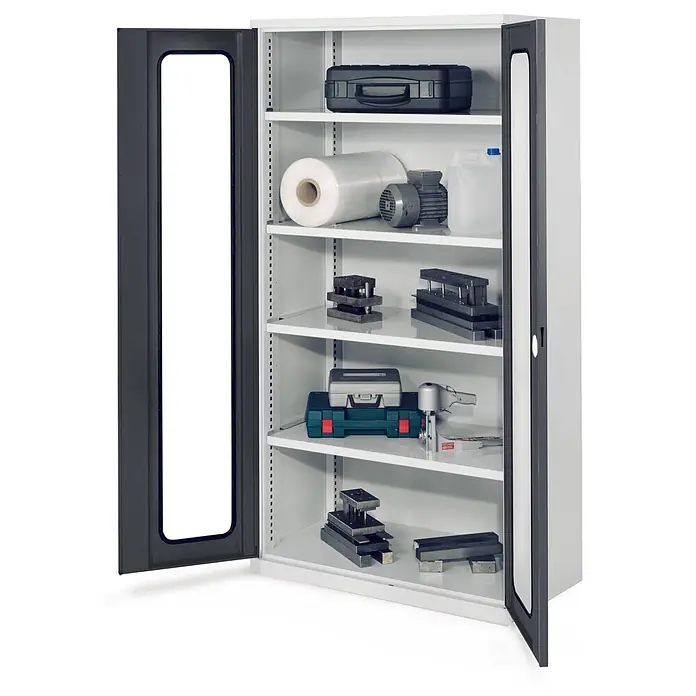 Kappes Metall-Mehrzweckschrank Schwerlastschränke ohne Mitteltrennwand 1950x1000x600mm Modell 41 Sichtfen - 60 cm x 1.000 cm x 1,95 m, Anthrazitgrau - Zweitüriger Metallschrank mit transparenten Fenstern, geöffneten Türen, zeigt Werkzeuge und Materialien auf Regalen.
