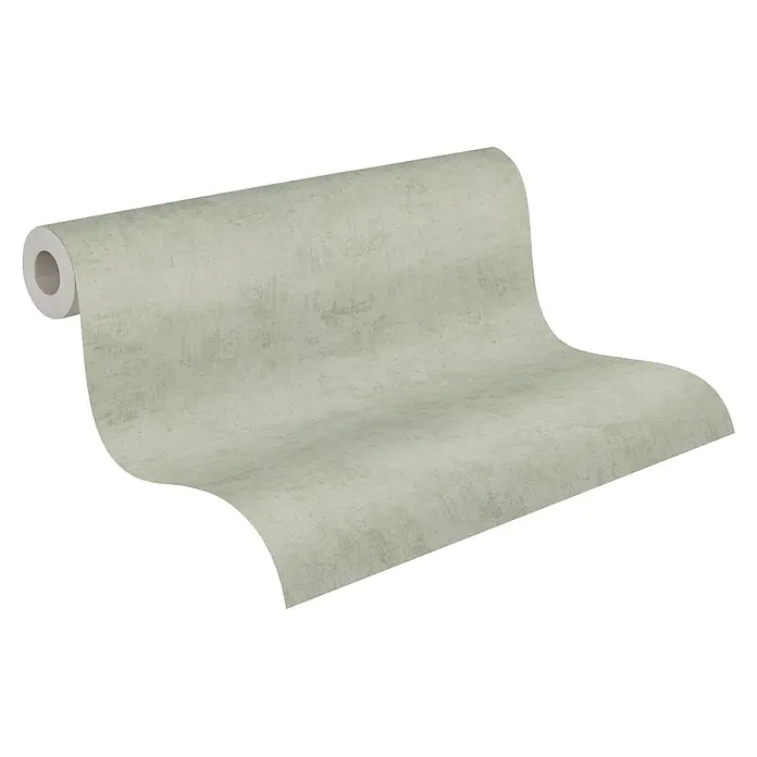 A.S. Création Nordic Feeling Vliestapete Uni - Grün, Uni, 10,05 x 0,53 m - Hellgrüne, strukturierte Tapetenrolle, ausgerollt, um ein langes Stück zu zeigen.