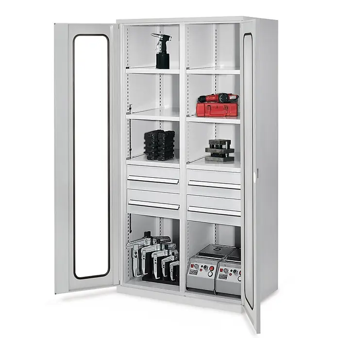 Kappes Metall-Mehrzweckschrank Schwerlastschränke mit Mitteltrennwand 1950x1000x600mm Sichtfenstertüren - 60 cm x 1.000 cm x 1,95 m, Lichtgrau - Weißer Metall-Werkzeugschrank mit zwei offenen Türen, zeigt eine organisierte Innenausstattung mit Regalen, Schubladen und Werkzeugen.