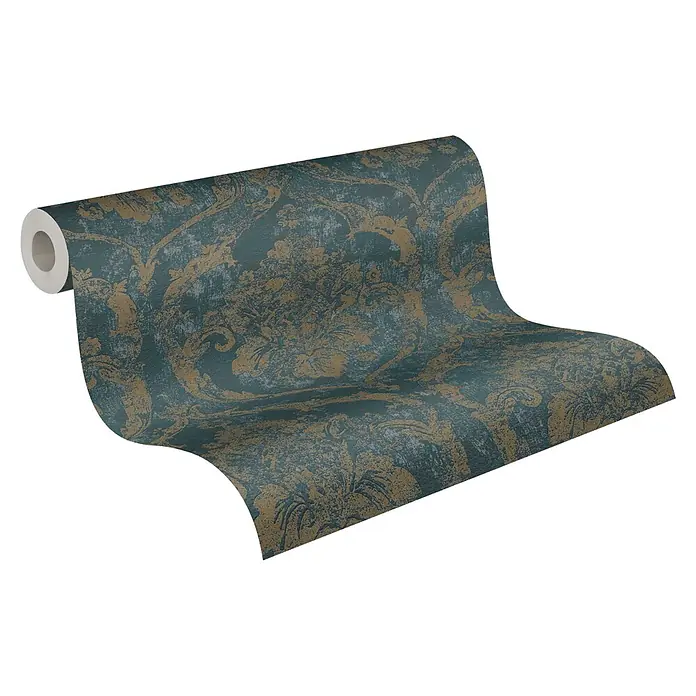 A.S. Création Metropolitan Stories Vibes & Styles Vliestapete Barock - Grün, Ornament, 10,05 x 0,53 m - Strukturierte Tapetenrolle mit dunkelblauer Basis und goldenem Barockmuster, ausgerollt zur Ansicht des Designs.