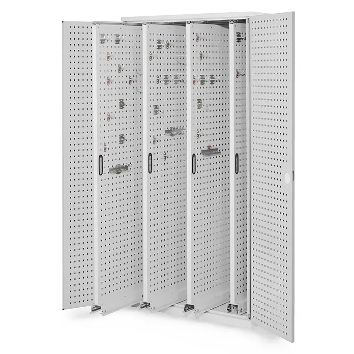 Kappes Metall-Mehrzweckschrank ®RasterPlan Vertikalschränke 1950x1000x600mm Modell 83 Lochplattentüren - Lichtgrau - Weißer Metallschrank mit ausziehbaren Lochplatten und Haken.