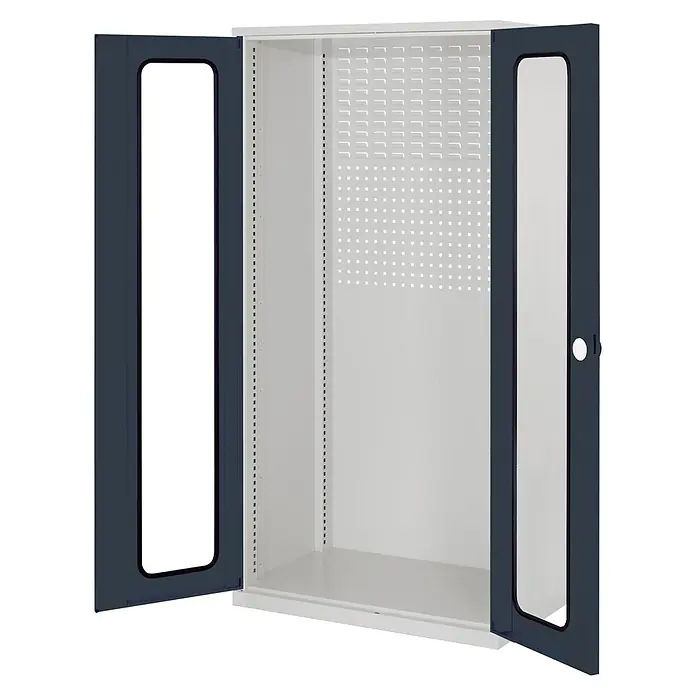 Kappes Metall-Mehrzweckschrank ®RasterPlan Schubladenschränke 1950x1000x600mm Sichtfenstertüren Modell - Anthrazitgrau - Offener Metallschrank mit dunkelblauen Türen und hellgrauem Innenraum, mit perforierten Paneelen für Belüftung oder verstellbare Regale.