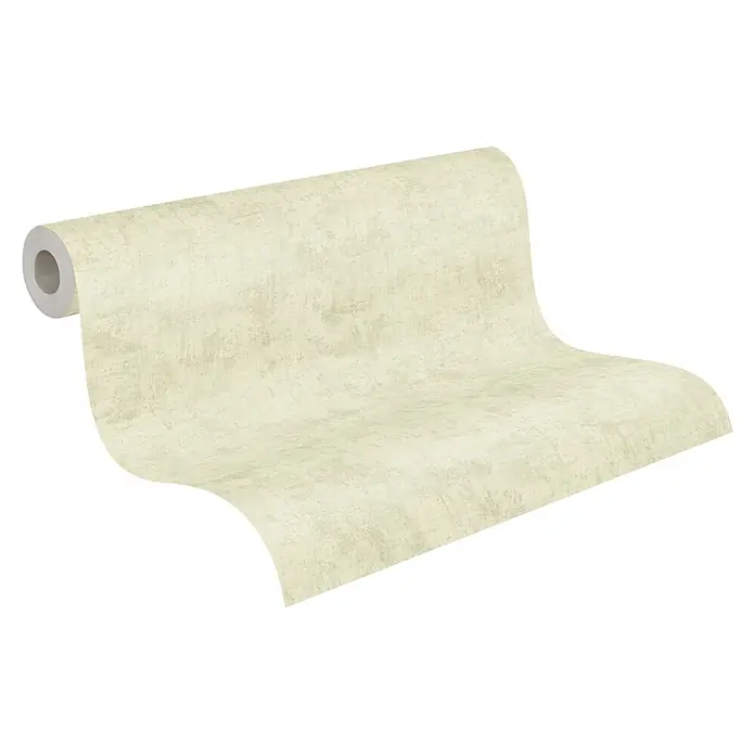 A.S. Création Nordic Feeling Vliestapete Uni I - Grün-Grau, Uni, 10,05 x 0,53 m - Strukturierte hellbeige Tapetenrolle, teilweise abgerollt.