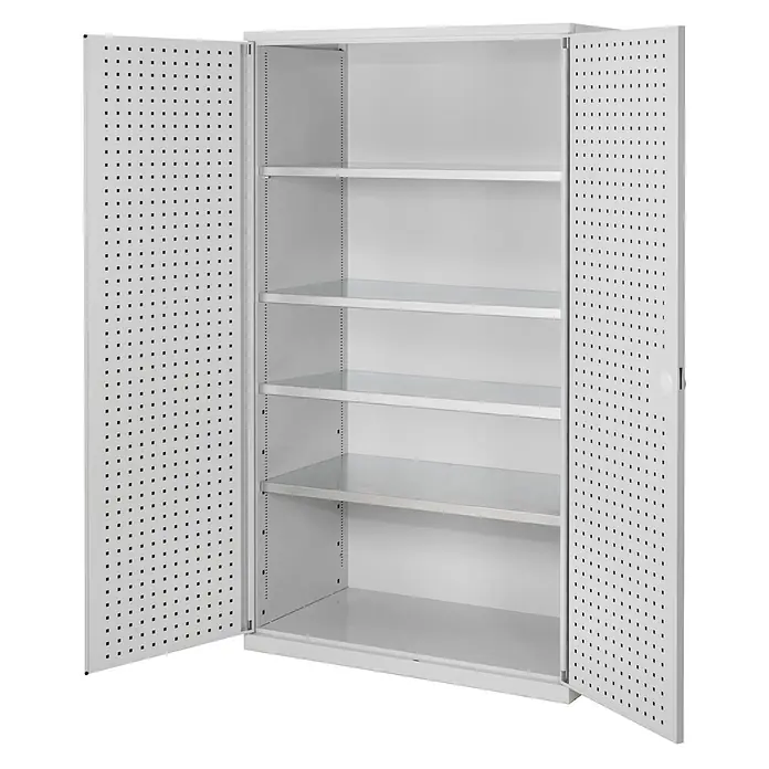 Kappes Metall-Mehrzweckschrank ®RasterPlan Großvolumenschränke 1950x1130x590mm Lochplattentüren Modell - Lichtgrau - Weißer Metallschrank mit zwei offenen Lochtüren und mehreren verstellbaren Einlegeböden.
