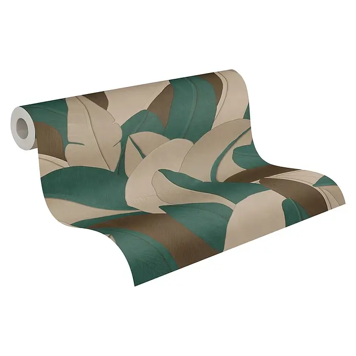 A.S. Création Metropolitan Stories Vibes & Styles Vliestapete Palme - Beige-Braun, Floral, 10,05 x 0,53 m - Tapetenrolle mit beigem, braunem und türkisfarbenem Tropenblattmuster.