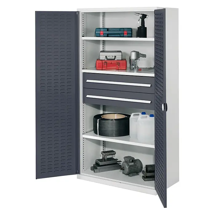 Kappes Metall-Mehrzweckschrank Schwerlastschränke ohne Mitteltrennwand 1950x1000x600mm Modell 42 Schlitzp - Anthrazitgrau - Grau-weißer Metallschrank mit offenen Türen, Regalen, Schubladen, Werkzeugen und Industriebedarf.